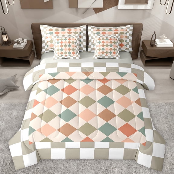 Manfei Boys Girls Geometric Plaid Twin Bedding Sets 7-Piece,Vintage Aesthetic Bedding Comforter Set Microfiber,Minimalist Grid Breathable Sheet Sets,Ultra Soft Home Decor,Reversible