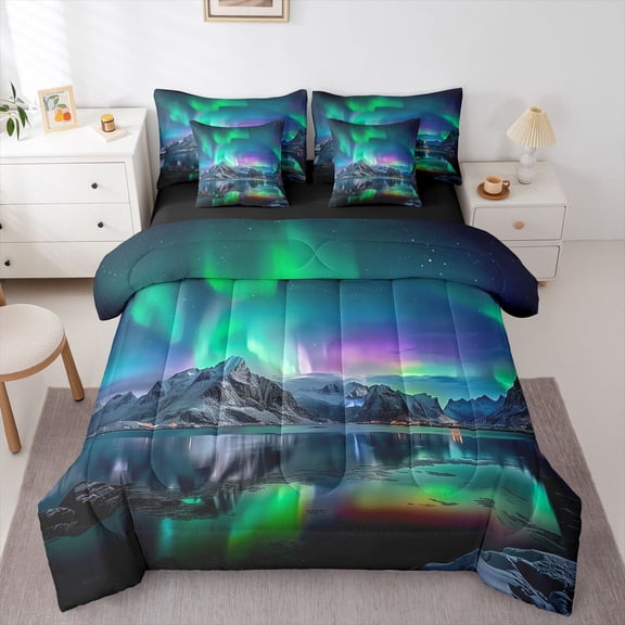 Manfei Boys Girls Gradient Aurora Bedding Comforter Set 7-Piece,Abstract Ombre King Bedding Sets,Nature Scenery Ultra Soft Bed Sheets,Lightweight Room Decor,Reversible