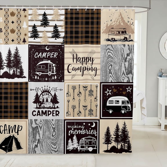 Manfei Boys Girls Happy Camping Shower Curtain 72Wx84L,Geometric Plaid Grid Bathroom Curtain 72Wx84L,Vintage Aesthetic Bath Curtain,Bathroom Decor(Waterproof)