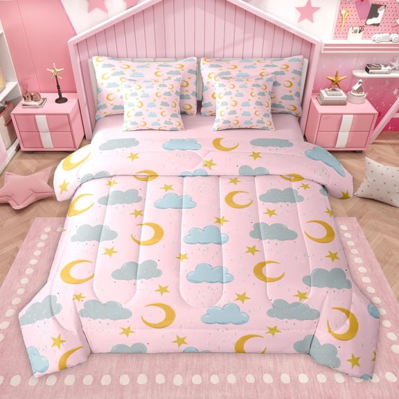 Manfei Boys Girls Kawaii Moon 7-Piece Bedding Comforter Set,Dreamy Princess King Bedding Sets,Cartoon Stars Print Ultra Soft Bed Sheets,Ultra Soft Home Decor,Reversible