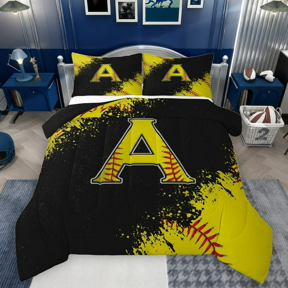 Manfei Boys Girls Letter Monogrammed A Bedding Comforter Set 2pcs,Sport Baseball Twin Comforter Sets Microfiber,Graffiti Splash Breathable Bedding Set,Ultra Soft Home Decor,Reversible