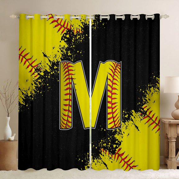 Manfei Boys Girls Letter Monogrammed M Curtains Pack of 2 (42x84 Each),Sport Baseball Curtains Blackout,Graffiti Splash Bedroom Curtains,Ultra Soft Home Decor