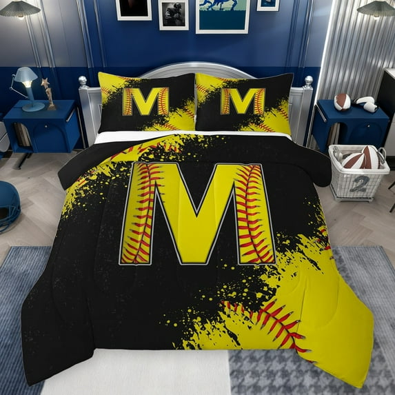 Manfei Boys Girls Letter Monogrammed M Full Size Comforter Sets 3-Piece,Sport Baseball Bedding Comforter Set,Graffiti Splash Lightweight Bedding Sets,Ultra Soft Home Decor,Reversible