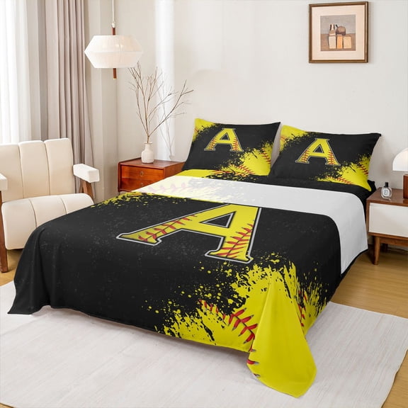 Manfei Boys Girls Letter Monogrammed A Twin Sheet Sets 3pcs,Sport Baseball Twin Fitted Sheet Microfiber,Graffiti Splash Breathable Flat Sheet,Ultra Soft Home Decor
