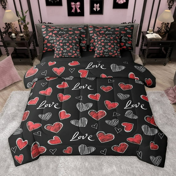 Manfei Boys Girls Love Heart Print 7-Piece Twin Bedding Sets,Romantic Lover Couple Bedding Comforter Set,Valentine's Day Breathable Sheet Sets,Super Cozy Room Decor,Reversible