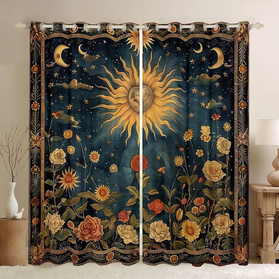 Manfei Boys Girls Moon Sun Curtains Pack of 2 (42x84 Each),Bohemian Chic Flower Curtains Blackout,Starry Sky Bedroom Curtains,Microfiber Bedroom Decor