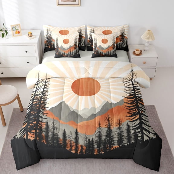 Manfei Boys Girls Moutain Jungle Bedding Comforter Set 7-Piece,Abstract Stripes King Bedding Sets,Vintage Aesthetics Ultra Soft Bed Sheets,Ultra Soft Home Decor,Reversible
