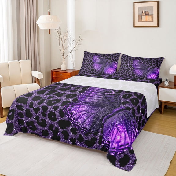 Manfei 3-Piece Twin Purple Glitter Butterfly Cheetah Leopard Print Sheet Set