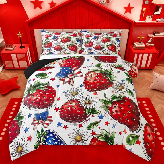 Manfei Boys Girls Red Strawberry Bedding Comforter Set 2pcs,USA Flag Bowknot Twin Comforter Sets Microfiber,Stars Print Breathable Bedding Set,Ultra Soft Home Decor,Reversible