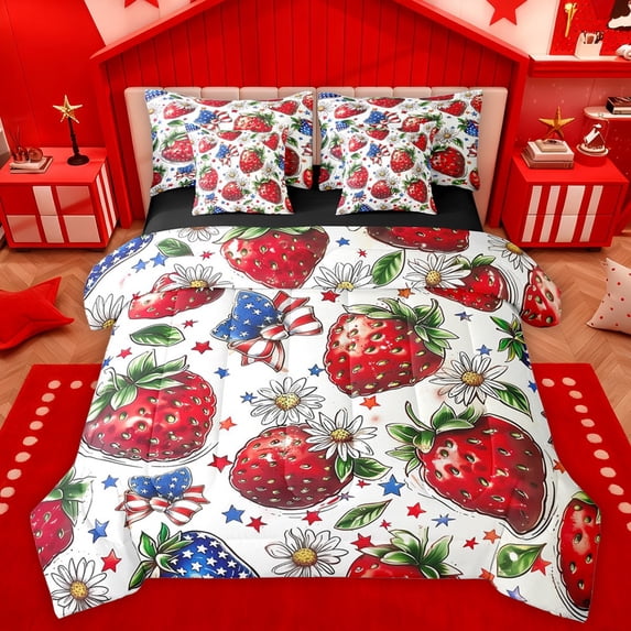 Manfei Boys Girls Red Strawberry Bedding Comforter Set 7-Piece,USA Flag Bowknot King Bedding Sets,Stars Print Ultra Soft Bed Sheets,Ultra Soft Home Decor,Reversible