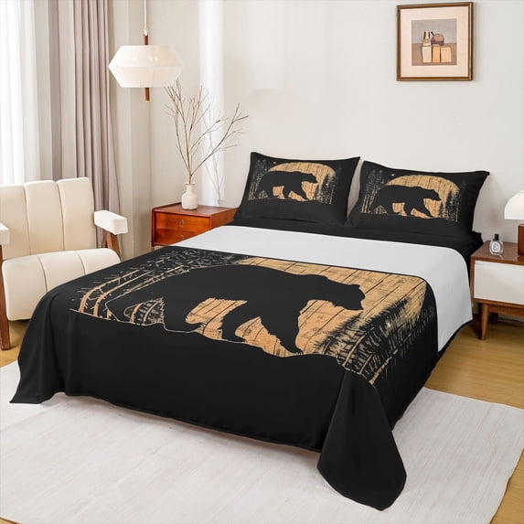 Manfei Boys Girls Safari Black Bear 4pcs Bed Sheets,Jungle Woodland Animal King Sheets,Vintage Aesthetics Super Cozy Sheet Set,Breathable Home Decor