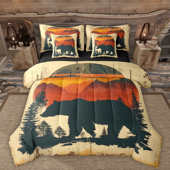 Manfei Boys Girls Safari Black Bear Bedding Comforter Set 7-Piece,Jungle Woodland Animal King Bedding Sets,Vintage Aesthetics Ultra Soft Bed Sheets,Breathable Home Decor,Reversible