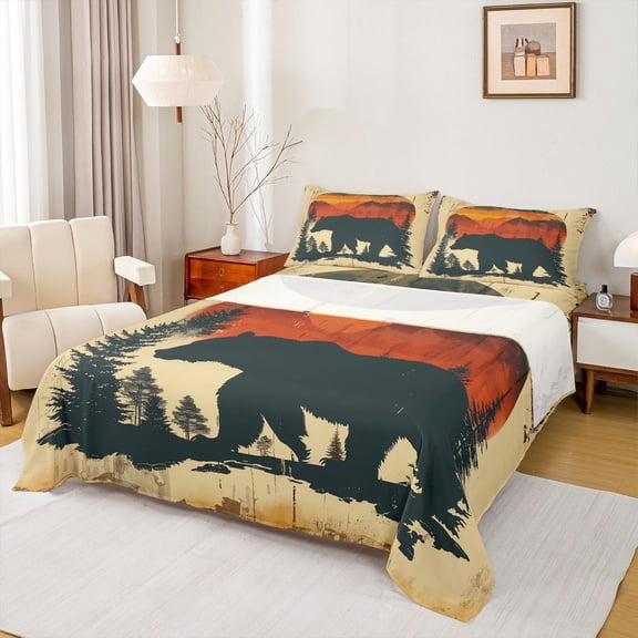 Manfei Boys Girls Safari Black Bear Twin Sheet Sets 3pcs,Jungle Woodland Animal Twin Fitted Sheet Microfiber,Vintage Aesthetics Breathable Flat Sheet,Breathable Home Decor