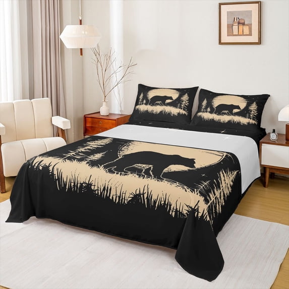 Manfei Boys Girls Safari Black Bear Twin Sheet Sets 3pcs,Jungle Woodland Animal Twin Fitted Sheet Microfiber,Vintage Aesthetics Breathable Flat Sheet,Breathable Home Decor