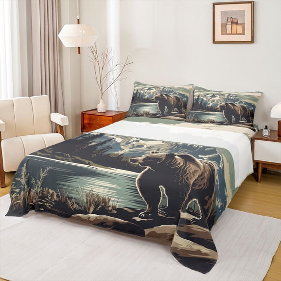 Manfei Boys Girls Safari Brown Bear Twin Sheet Sets 3pcs,Jungle Woodland Animal Twin Fitted Sheet Microfiber,Vintage Aesthetics Breathable Flat Sheet,Breathable Home Decor