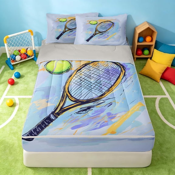 Manfei Boys Girls Tennis Zipper Twin Comforter Sets with Fitted Sheet and 2 Pillowcases, Sport Zipper Bedding Set, LightBlue Yellow Black