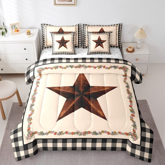 Manfei Boys Girls Texas Star Bedding Comforter Set 7-Piece,Geometric Plaid King Bedding Sets,Western Theme Ultra Soft Bed Sheets,Microfiber Bedroom Decor,Reversible