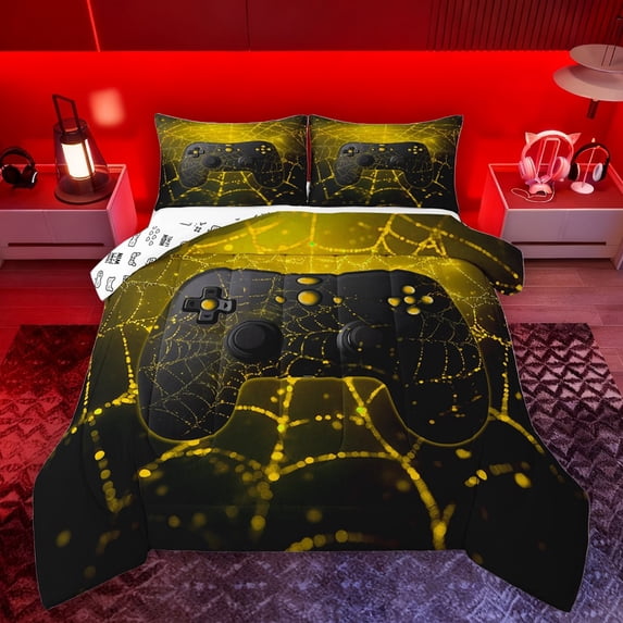 Manfei Boys Girls Video Game 3 Pieces Queen Comforter Set,Abstract Gamepads Ultra Soft Bedding Sets,Gothic Spider Web Bedding Comforter Set Breathable,Luxury Bedroom Decor,Reversible