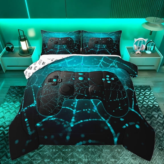 Manfei Boys Girls Video Game Bedding Comforter Set 2pcs,Abstract Gamepads Twin Comforter Sets Microfiber,Gothic Spider Web Breathable Bedding Set,Luxury Bedroom Decor,Reversible