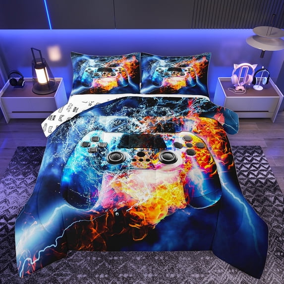 Manfei Boys Girls Video Game Full Size Comforter Sets 3-Piece,Abstract Gamepads Bedding Comforter Set,Gradient Lightning Gamer Lightweight Bedding Sets,Luxury Bedroom Decor,Reversible