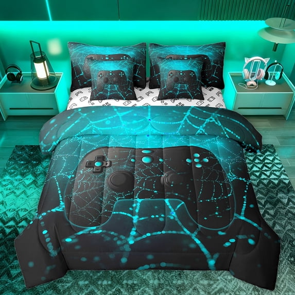 Manfei Boys Girls Video Game Twin Bedding Sets 7-Piece,Abstract Gamepads Bedding Comforter Set Microfiber,Gothic Spider Web Breathable Sheet Sets,Luxury Bedroom Decor,Reversible