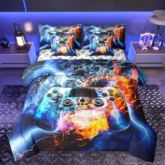 Manfei Boys Girls Video Game Twin Bedding Sets 7-Piece,Abstract Gamepads Bedding Comforter Set Microfiber,Gradient Lightning Gamer Breathable Sheet Sets,Luxury Bedroom Decor,Reversible