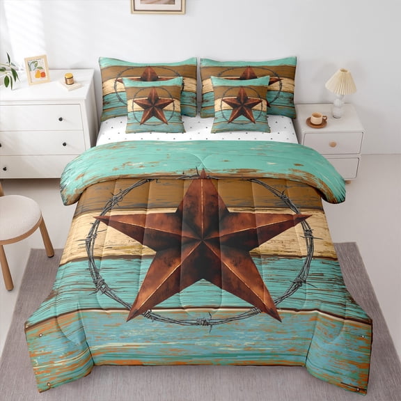 Manfei Boys Girls Western Texas Star Bedding Comforter Set 7pcs,Vintage Aesthetics Queen Bedding Sets Super Cozy,Rustic Lodge Cabin Queen Sheet Sets,Microfiber Bedroom Decor,Reversible