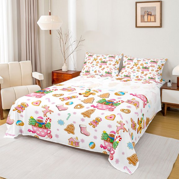 Manfei Boys Girls Xmas Gingerbread Man Snowflakes Twin Sheet Sets 3pcs,Merry Christmas Twin Fitted Sheet Microfiber,Happy New Year Breathable Flat Sheet,Luxury Bedroom Decor