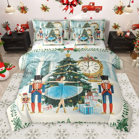 Manfei Boys Girls Xmas Nutcracker 7-Piece Twin Bedding Sets,Ballet Girl Princess Bedding Comforter Set,Christmas Tree Breathable Sheet Sets,Luxury Bedroom Decor,Reversible