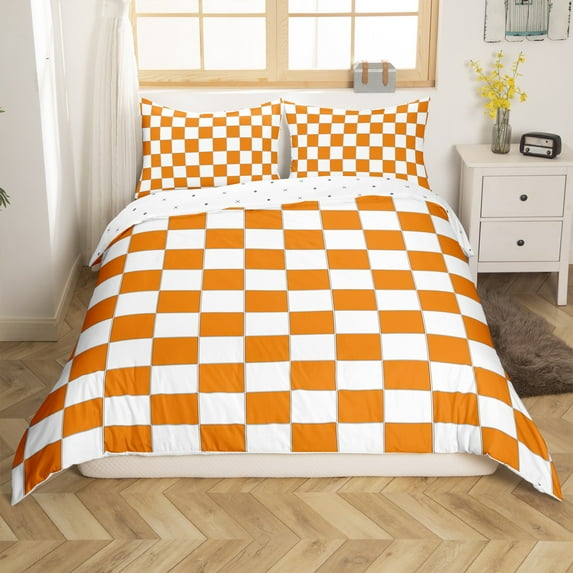 Manfei Boys Grils Mid Century Plaid 3 Pieces Duvet Cover Queen,Orange White Lightweight Comforter Cover Queen,Minimalist Geometric Grid Breathable Bedding Sets Queen Size(No Comforter)