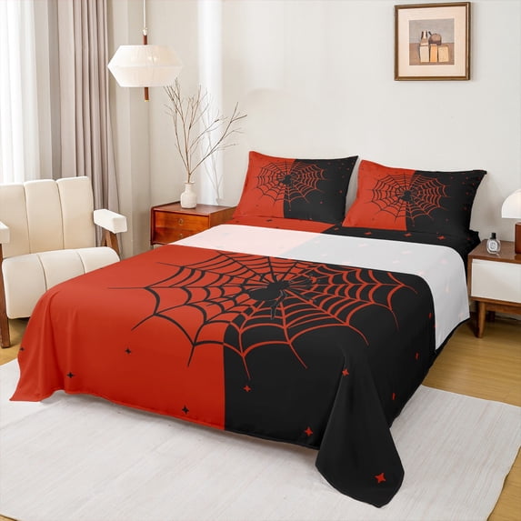 Manfei Boys Happy Halloween Full Size Sheets,Spider Webs Bed Sheets,Red Black Sheet Sets For Teens,Ultra Soft Home Decor,4 Pieces
