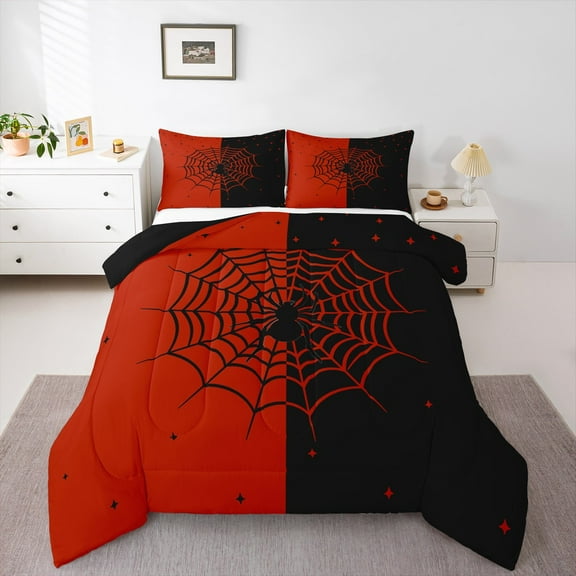 Manfei Boys Happy Halloween Queen Comforter Set,Spider Webs Bedding Sets,Red Black Bedding Comforter Set For Teens,Ultra Soft Home Decor Reversible,3pcs