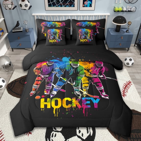 Manfei Boys Hockey 7 Pieces Bedding Comforter Set,Sport Theme Full Bedding Set,Colorful Splashing Ink Fitted Sheet Flat Sheet For Kids,Luxury Bedroom Decor Reversible