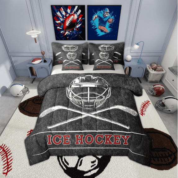 Manfei Boys Ice Hockey 7-Piece Twin Bedding Sets,Sport Theme Bedding Comforter Set,Red White Gray Sheet Sets For Boys,Ultra Soft Bedroom Decorative Reversible