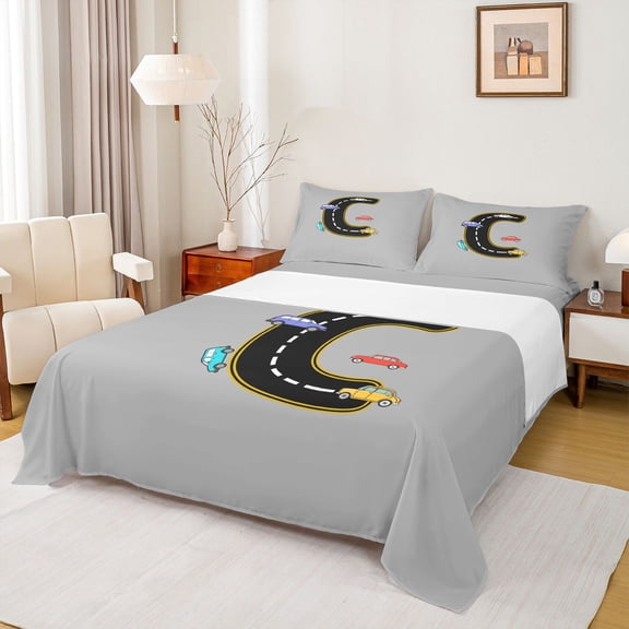 Manfei Boys Personalized Gifts Bed Sheets,Pink Black Letter C King Sheets,Cartoon Toy Car Sheet Set For Boys Kids,Lightweight Room Decoration,4pcs