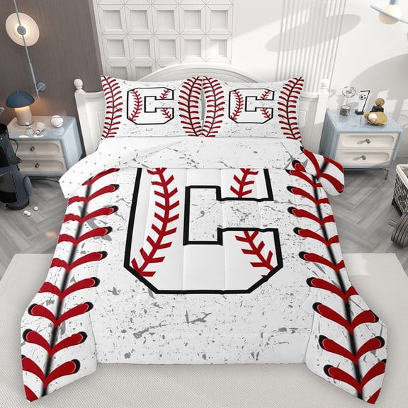 Manfei Boys Personalized Gifts Full Size Comforter Sets,Letter C Bedding Comforter Set,Baseball Sport Game Bedding Sets For Boys Kids,Lightweight Room Decoration Reversible,3pcs