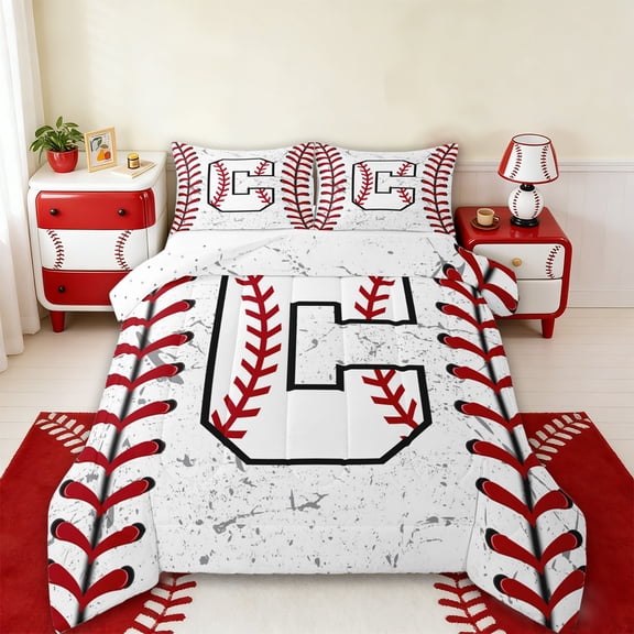Manfei Boys Personalized Gifts Full Size Comforter Sets,Letter C Bedding Comforter Set,Baseball Sport Game Bedding Sets For Boys Kids,Lightweight Room Decoration Reversible,3pcs