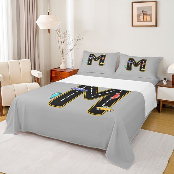 Manfei Boys Personalized Gifts Twin Sheet Sets,Pink Black Letter M Twin Fitted Sheet,Cartoon Toy Car Flat Sheet For Boys Kids,Lightweight Room Decoration,3 Pieces