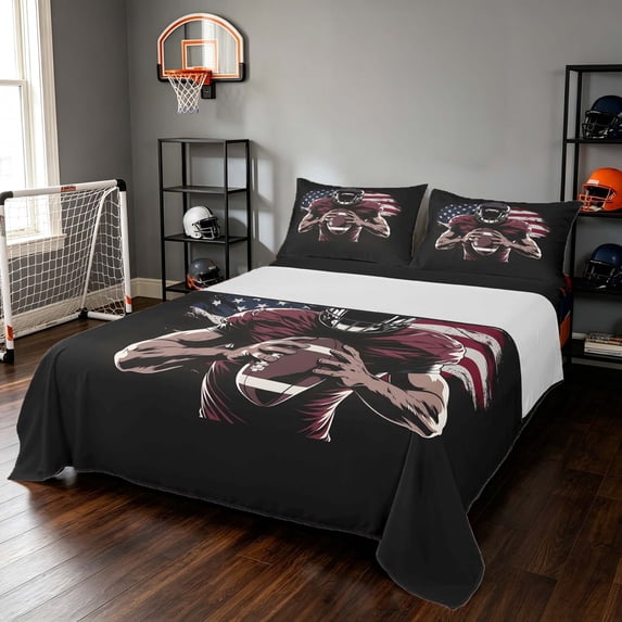 Manfei Boys Rugby Bed Sheets, Sports Gamer Full Size Sheets, Maroon Red Navy 4 Pieces(1 Flat Sheet, 1 Fitted Sheet and 2 Pillowcases)
