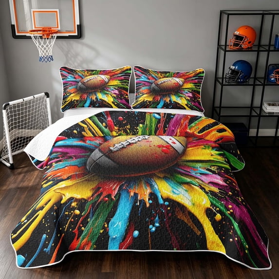 Manfei Boys Rugby Bed Spread Queen, Sports Gaming Queen Coverlet Set, Black Multicolor Brown, Black Reversible 3-Piece, 1 Quilt and 2 Pillowcases