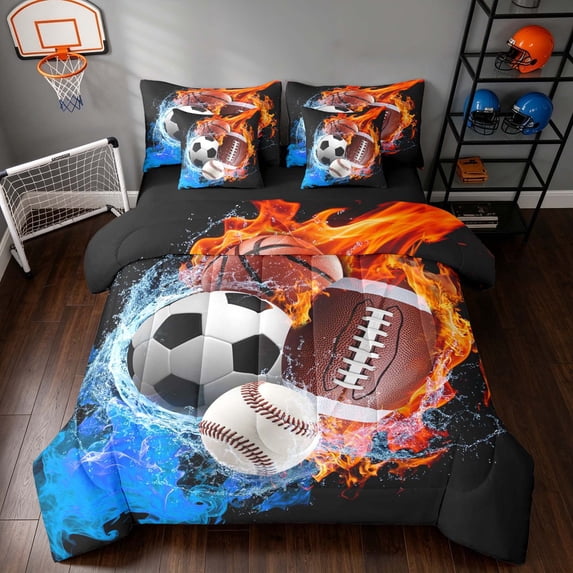 Manfei Boys Rugby Queen Bedding, Soccer Football Sports Bedding Comforter Set Queen, Black Orange Brightblue, Black Reversible 7pcs