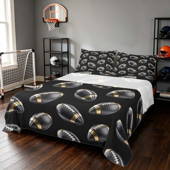Manfei Boys Rugby Queen Sheets, Sports Game Queen Sheet Sets, Black Gold Cream 4pcs(1 Flat Sheet, 1 Fitted Sheet and 2 Pillowcases)