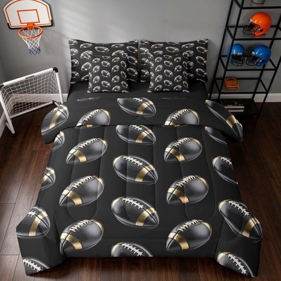 Manfei Boys Rugby Twin Bedding, Sports Game Bedding Comforter Set, Black Gold Cream, Black Reversible 7pcs