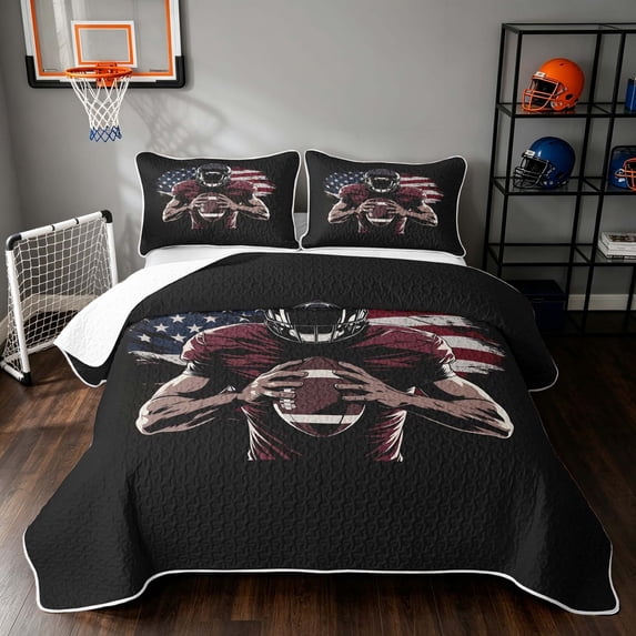 Manfei Boys Rugby Twin Quilt Set, Sports Gamer Twin Coverlet Set, Maroon Red Navy, Black Reversible 2 Pieces, 1 Bedspread and 1 Pillowcase