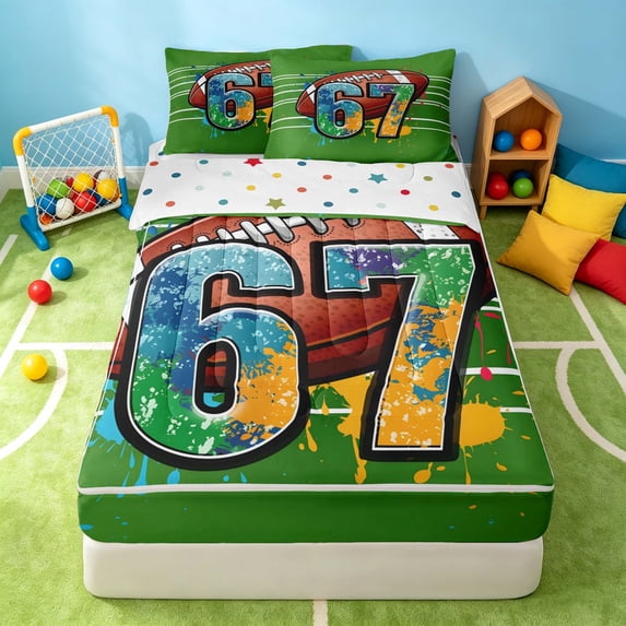 Manfei Boys Rugby Zipper Twin Comforter Sets with Fitted Sheet and 2 Pillowcases, Sport Zipper Bedding Set, Green Multicolor