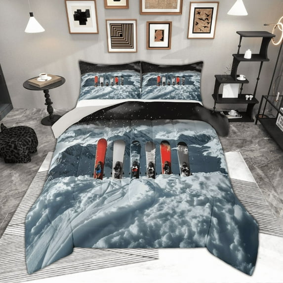 Manfei Boys Ski Full Size Comforter Sets, Nature Snow Mountain Bedding Comforter Set, Extreme Sports Themed Bedding Sets, Lightweight Room Decor Reversible 3pcs