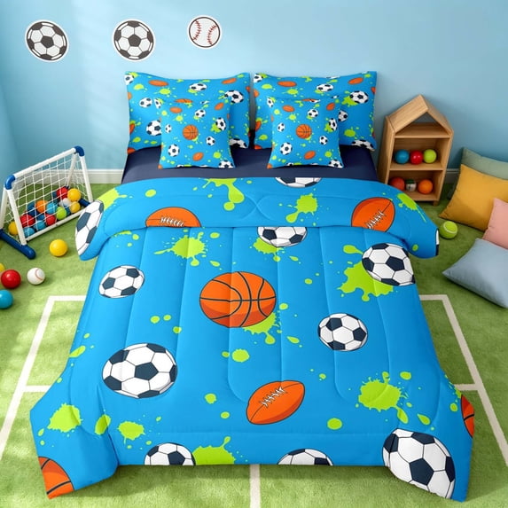 Manfei Boys Soccer Basketball King Bedding, Sports King Bed in a Bag, Bright Blue Lime, Navy Reversible 7 Pieces