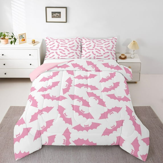 Manfei Boys Spooky Halloween Full Size Comforter Sets,Flying Animal Bats Bedding Comforter Set,Pink White Bedding Sets For Teens,Ultra Soft Home Decor Reversible,3 Pieces