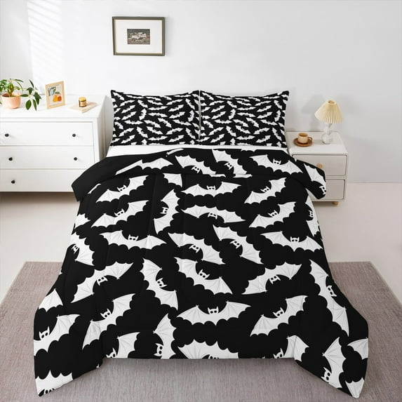 Manfei Boys Spooky Halloween King Size Comforter Sets,Flying Animal Bats Bedding Comforter Set,White Black Bedding Set For Teens,Ultra Soft Home Decor Reversible,3 Pieces