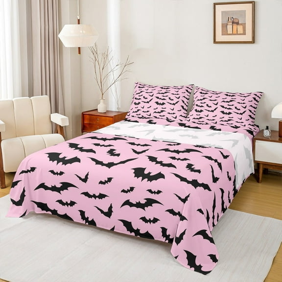 Manfei Boys Spooky Halloween Twin Sheet Sets,Flying Animal Bats Twin Fitted Sheet,Pink Black Flat Sheet For Teens,Ultra Soft Home Decor,3pcs
